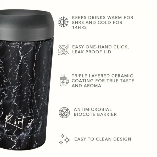 Travel cup Black Marble - stalowy, ceramiczny, z grawerem - Root7