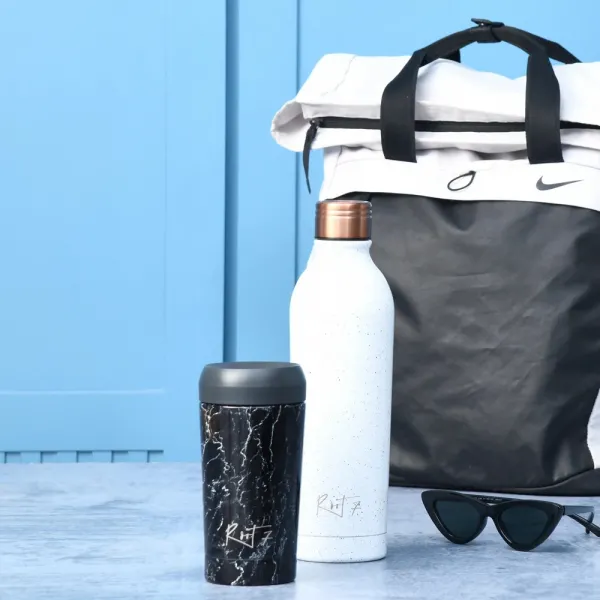 Travel cup Black Marble - stalowy, ceramiczny, z grawerem - Root7