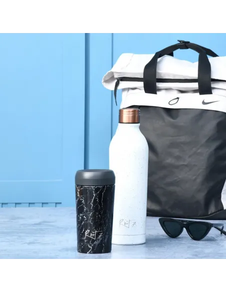 Travel cup Black Marble - stalowy, ceramiczny, z grawerem - Root7