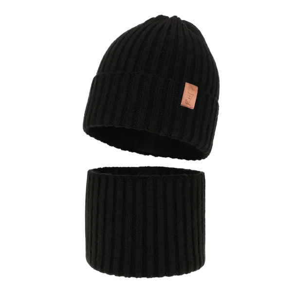 Merino Duo - black Children's winter hat and neck with wool