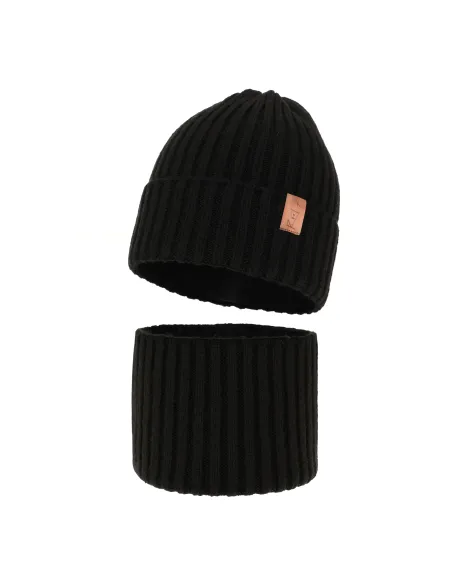 Merino Duo - black Children's winter hat and neck with wool