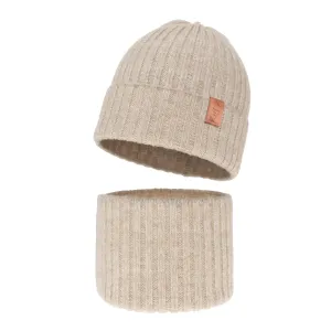 Merino Duo - beige Children's winter hat and neck with wool