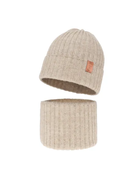 Merino Duo - beige Children's winter hat and neck with wool